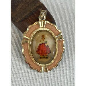 Vintage German Pendant Hand-Painted Figure In Gold-Tone Pink Frame